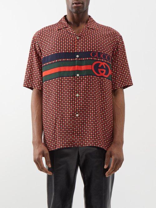 Gucci - Logo-print Checked Silk Bowling Shirt - Mens - Blue Red