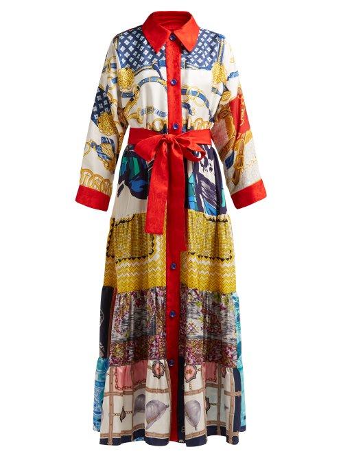 Matchesfashion.com Rianna + Nina - Volant Patchwork Silk Twill Midi Dress - Womens - Multi