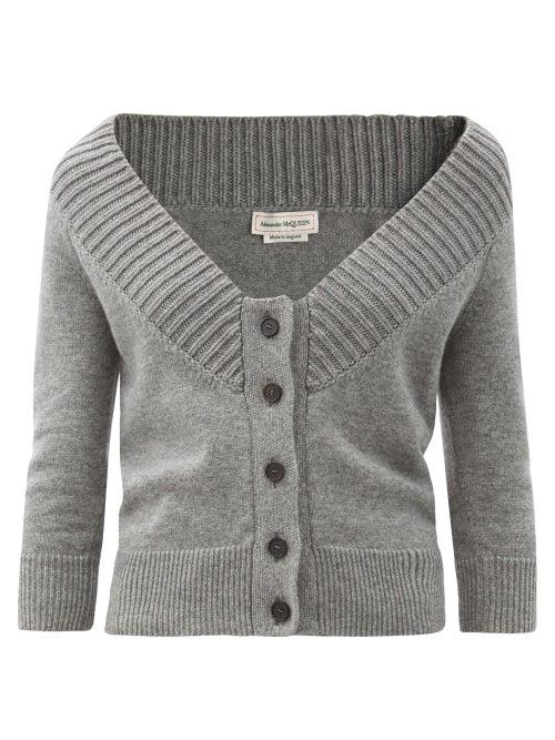 Matchesfashion.com Alexander Mcqueen - Off-the-shoulder Cashmere Cardigan - Womens - Grey