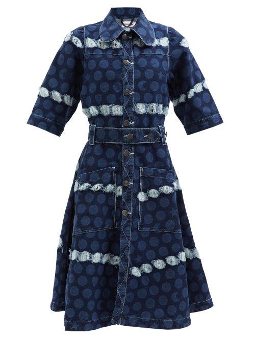 Charles Jeffrey Loverboy - Runes Distressed Denim Midi Dress - Womens - Mid Denim