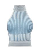Matchesfashion.com Balmain - High Neck Cropped Ribbed Knit Top - Womens - Blue Multi