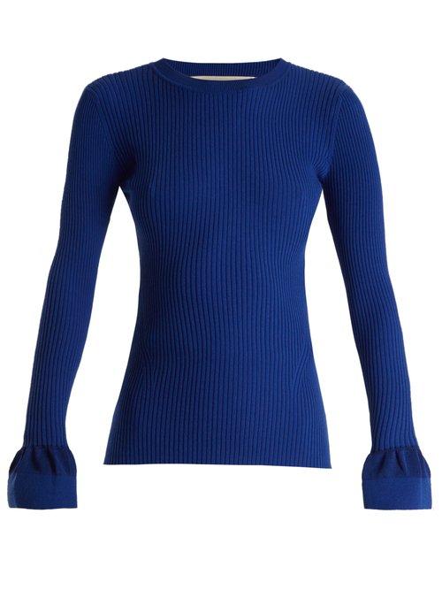 Matchesfashion.com Diane Von Furstenberg - Fluted Cuff Cotton Blend Ribbed Sweater - Womens - Blue