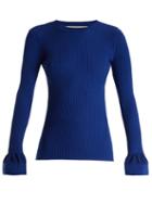 Matchesfashion.com Diane Von Furstenberg - Fluted Cuff Cotton Blend Ribbed Sweater - Womens - Blue