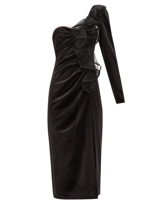 Matchesfashion.com Self-portrait - Ruffled One-shoulder Velvet Midi Dress - Womens - Black