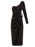 Matchesfashion.com Self-portrait - Ruffled One-shoulder Velvet Midi Dress - Womens - Black