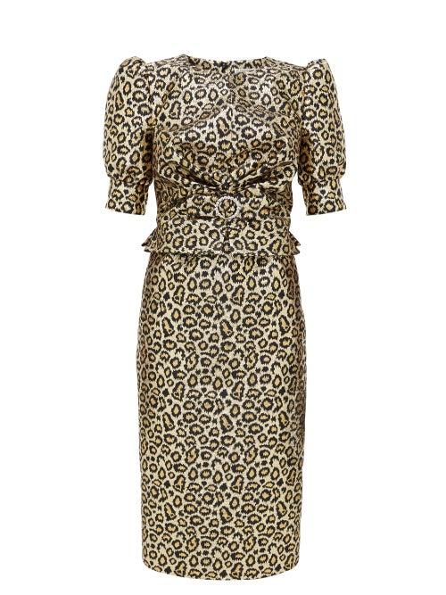 Matchesfashion.com Alessandra Rich - Crystal-embellished Leopard-brocade Dress - Womens - Gold