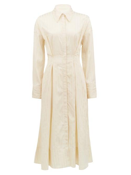 Matchesfashion.com Ssone - Balance Pleated Striped-satin Midi Shirt Dress - Womens - Cream