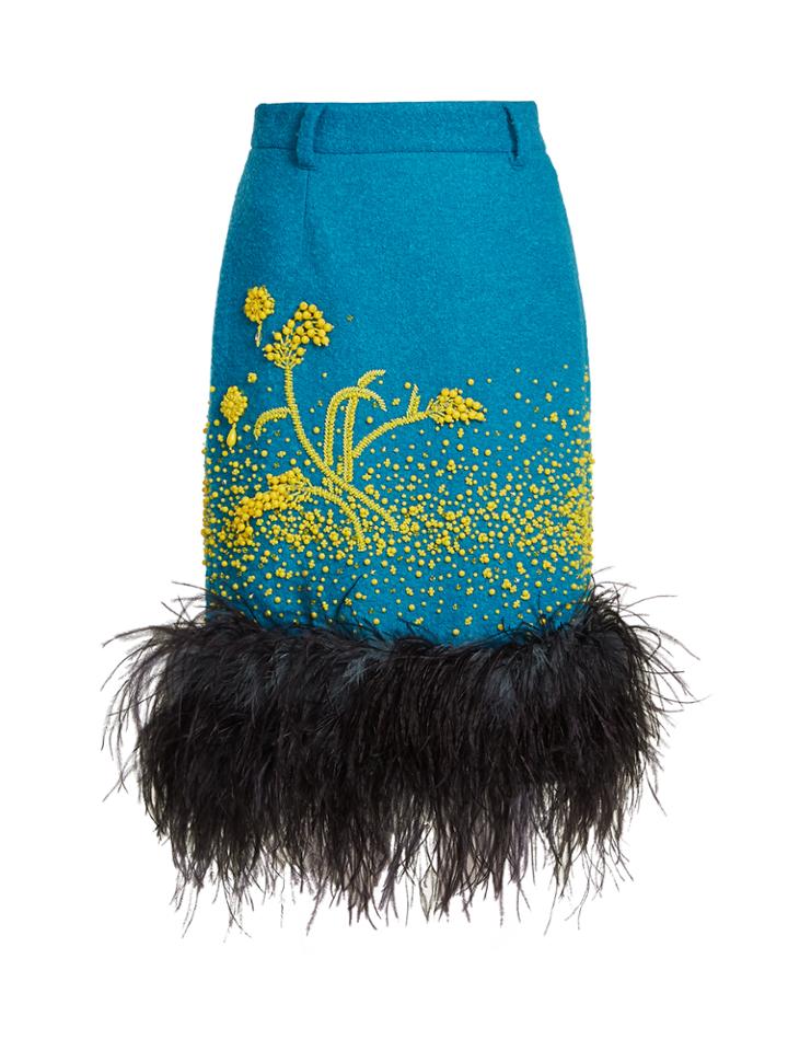 Prada Feather-trimmed Wool-blend Boucl Skirt
