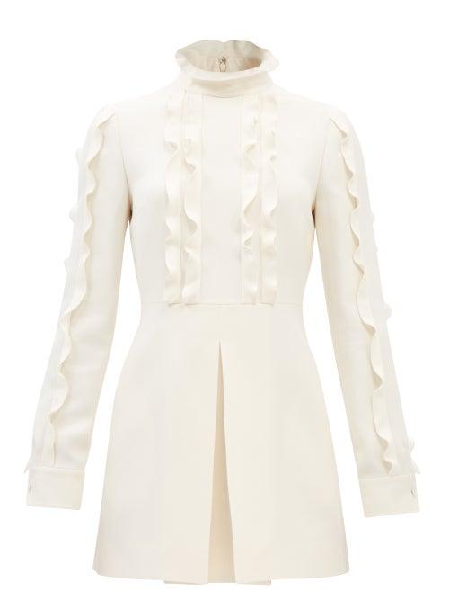 Valentino - Ruffled High-neck Wool-blend Crepe Mini Dress - Womens - Ivory