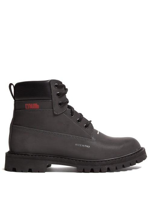 Matchesfashion.com Heron Preston - Worker Logo Print Leather Boots - Mens - Grey
