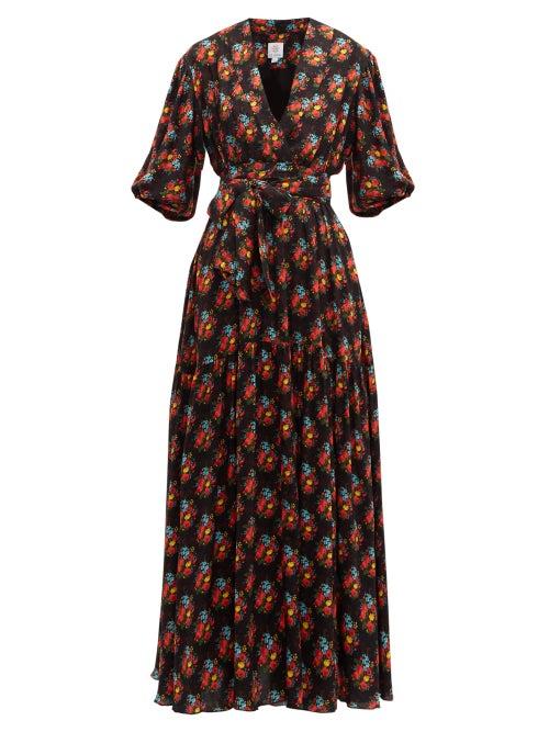 Matchesfashion.com Gl Hrgel - Floral Print Shawl Collar Dress - Womens - Navy Print