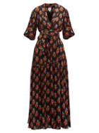 Matchesfashion.com Gl Hrgel - Floral Print Shawl Collar Dress - Womens - Navy Print