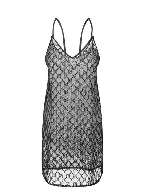Ladies Lingerie Gucci - Gg-jacquard Mesh Slip Dress - Womens - Black