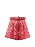 Zimmermann - Nina Belted Baroque-print Canvas Shorts - Womens - Pink Print