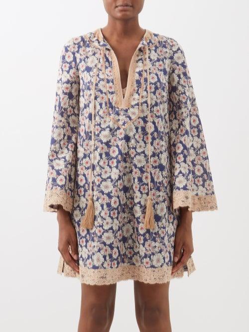 Gucci - Lace-trimmed Floral-print Cotton Mini Dress - Womens - Dark Blue