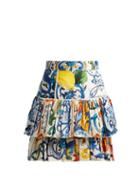 Matchesfashion.com Dolce & Gabbana - Majolica Print Cotton Poplin Mini Skirt - Womens - White Print
