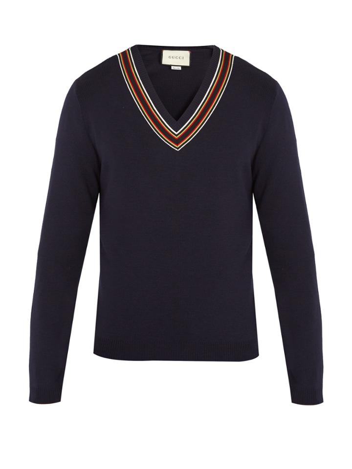 Gucci V-neck Ribbon-trimmed Wool Sweater