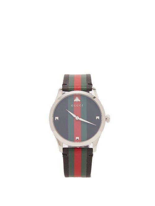 Matchesfashion.com Gucci - G Timeless Web Leather Watch - Mens - Black Green