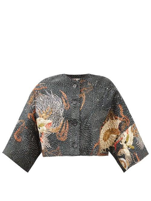 By Walid - Bella Dragon-embroidered 19th-century Silk Jacket - Womens - Black Multi
