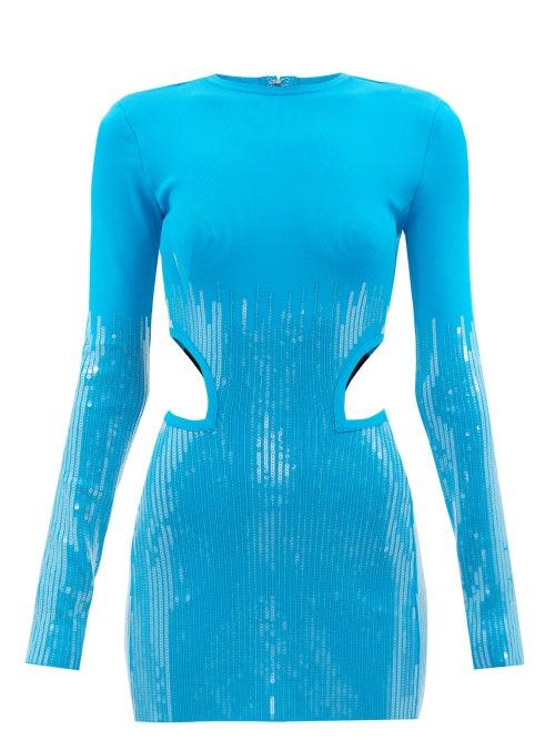 David Koma - Sequinned Cutout Ribbed-jersey Mini Dress - Womens - Blue