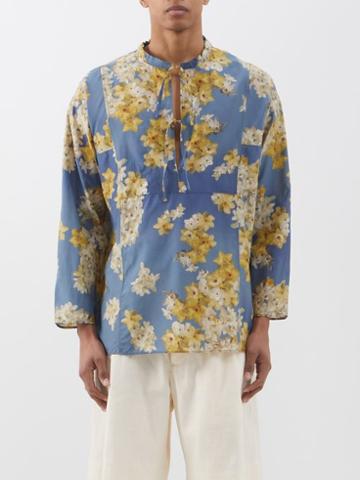 L.e.j - Daffodil-print Cotton-blend Habotai Tunic Shirt - Mens - Blue Multi