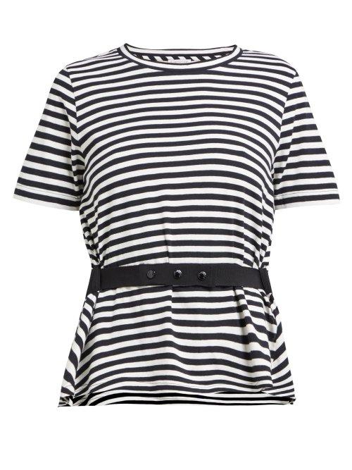 Matchesfashion.com Moncler - Striped Peplum Jersey T Shirt - Womens - Black White