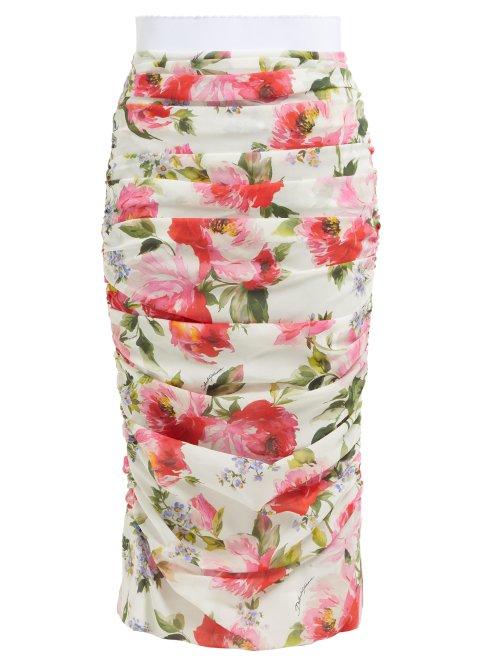 Matchesfashion.com Dolce & Gabbana - Peony Print Silk Blend Crepe Pencil Skirt - Womens - White Multi