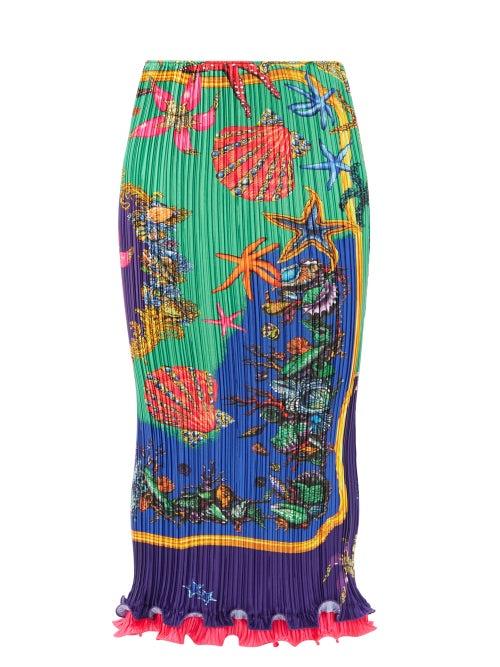 Matchesfashion.com Versace - Trsor De La Mer-print Pleated Midi Skirt - Womens - Green Multi