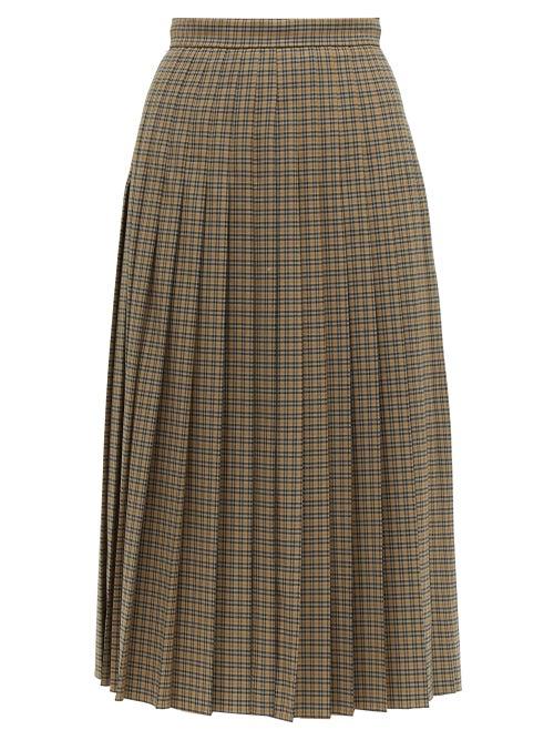 Matchesfashion.com Rochas - Checked Pleated Wool Blend Midi Skirt - Womens - Brown Multi