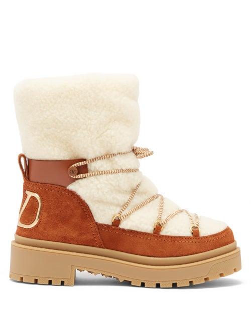Valentino Garavani - V-logo Suede And Shearling Boots - Womens - Tan Multi