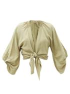 Matchesfashion.com Adriana Degreas - Knotted-front Cropped Linen-blend Blouse - Womens - Light Green