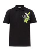Matchesfashion.com Valentino - Parrot-print Cotton-jersey Polo Shirt - Mens - Black