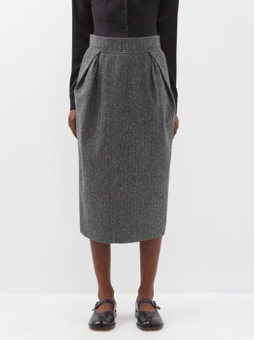 Maison Margiela - High-rise Pleated Herringbone-wool Midi Skirt - Womens - Grey