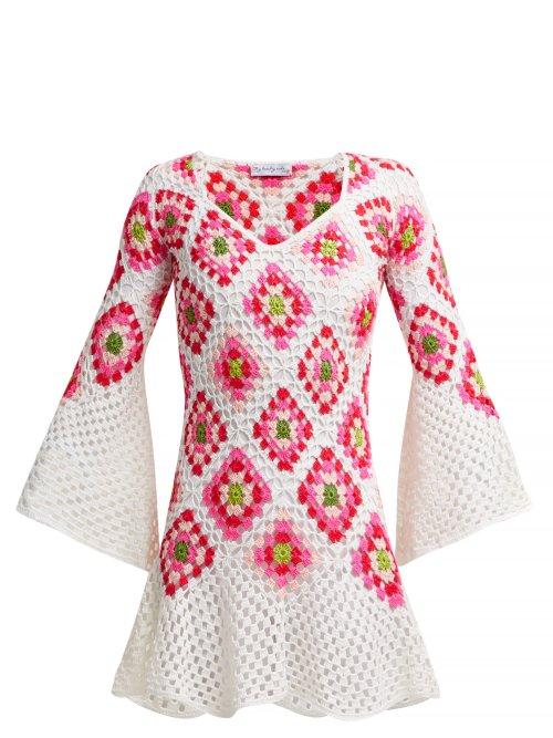 Matchesfashion.com My Beachy Side - Bisou V Neck Crocheted Knit Cotton Midi Dress - Womens - White Multi