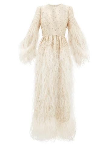 Matchesfashion.com Valentino - Feather-trimmed Beaded Wool-blend Gown - Womens - Ivory Multi