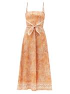 Matchesfashion.com Zimmermann - Brighton Tie-waist Paisley-print Linen Midi Dress - Womens - Orange Print