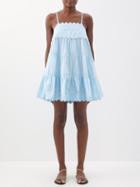 Juliet Dunn - Ricrac-trim Scalloped Cotton Dress - Womens - Sky Blue