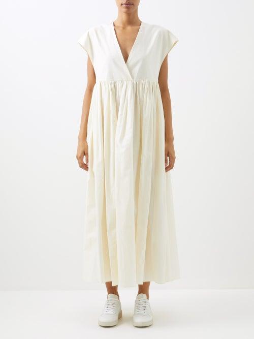 Raey - Deep-v Organic Cotton-blend Gathered Dress - Womens - Ivory