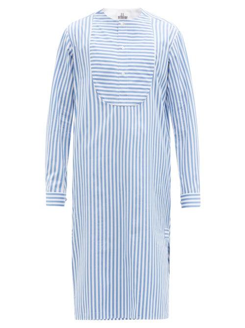 Matchesfashion.com Sbline - Tuxedo-bib Striped Cotton-poplin Tunic - Mens - Blue White