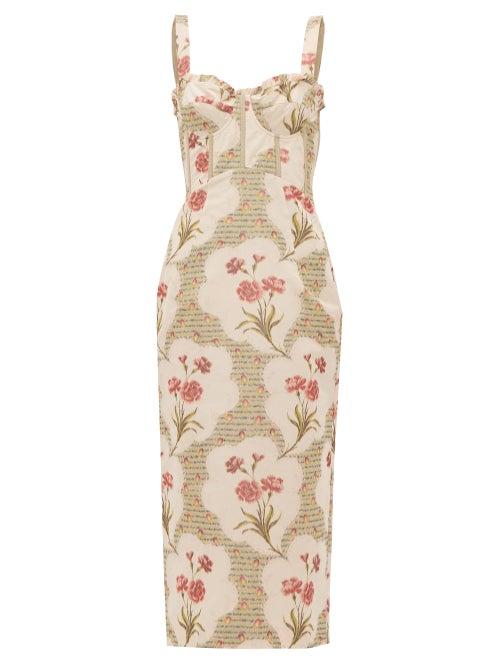 Matchesfashion.com Brock Collection - Pelagia Floral Print Corseted Midi Dress - Womens - Beige Multi