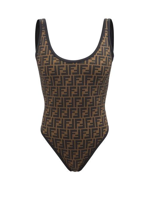 Fendi - Scoop-neck Logo-print Swimsuit - Womens - Black Brown
