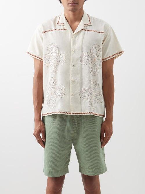 Harago - Peacock Cross-stitched Cotton-aida Shirt - Mens - Cream Multi