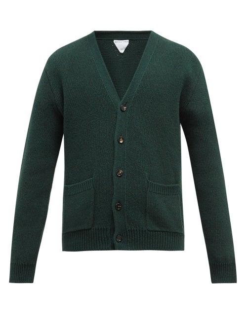 Mens Rtw Bottega Veneta - V-neck Rib-knitted Wool Cardigan - Mens - Dark Green