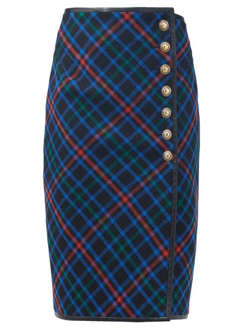 Matchesfashion.com Saint Laurent - Leather-trim Plaid Wool Midi Skirt - Womens - Multi
