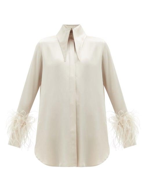 Matchesfashion.com 16arlington - Seymour Feather-trim Satin Shirt Dress - Womens - Beige
