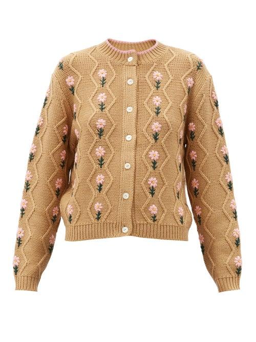 Matchesfashion.com Shrimps - Bennett Floral-embroidered Wool-blend Cardigan - Womens - Camel