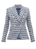 Matchesfashion.com Balmain - Double Breasted Fringed Tweed Jacket - Womens - Blue White
