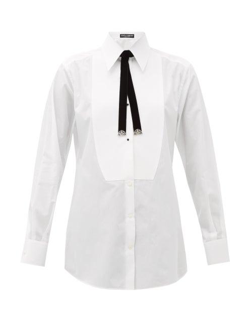 Matchesfashion.com Dolce & Gabbana - Bolo-tie Cotton Tuxedo Shirt - Womens - White