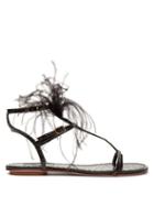 Matchesfashion.com Aquazzura - Ponza Feather Embellished Leather Sandals - Womens - Black
