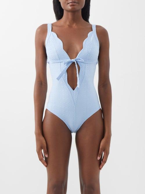 Lisa Marie Fernandez - Scalloped-edge Seersucker Swimsuit - Womens - Light Blue